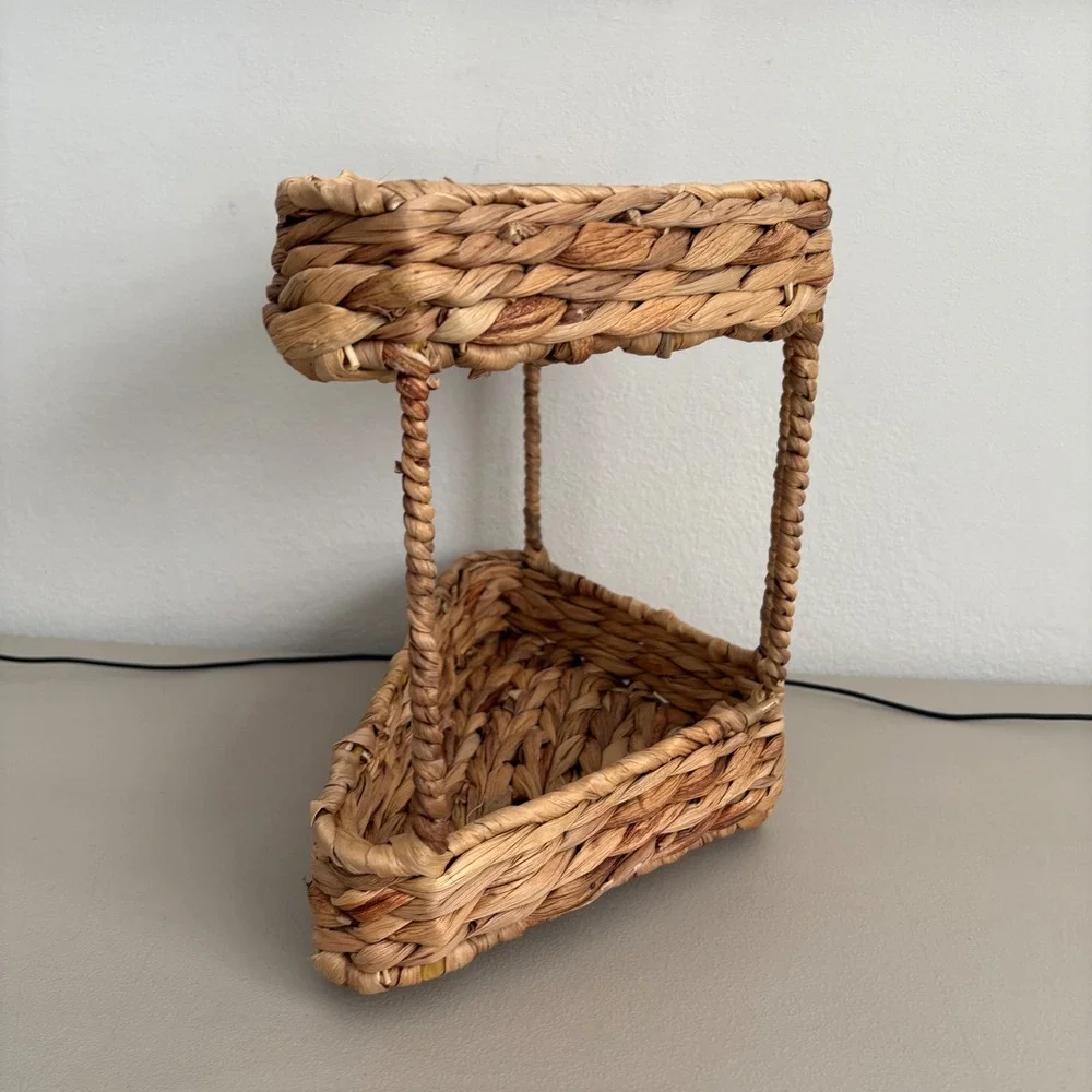Woven Seagrass 2-Tier Corner Shelf Organizer Natural Fiber Boho Storage Basket